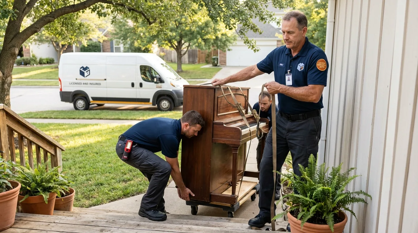 Licensed piano movers securing grand piano in Ceiba, PR