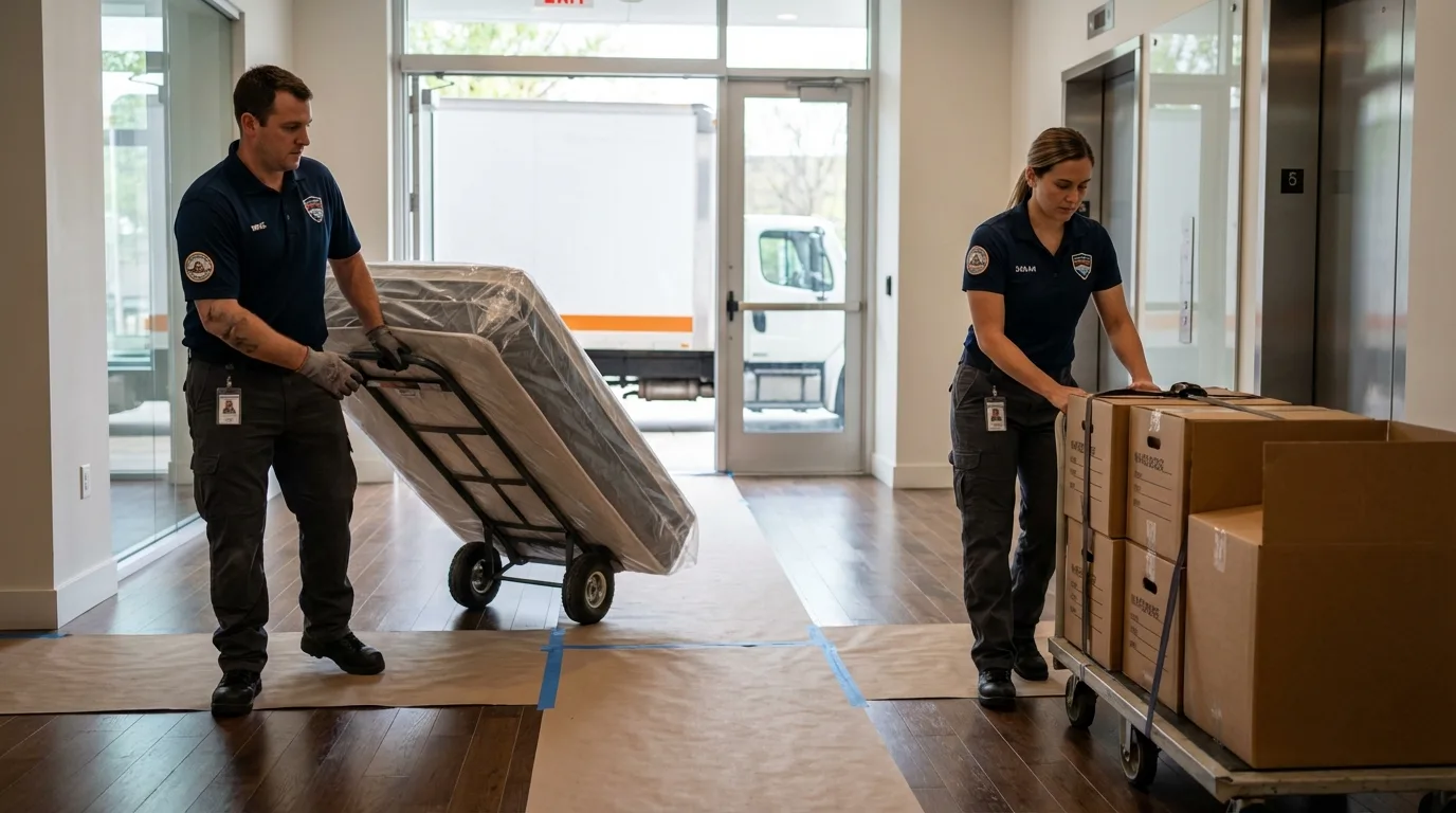 Professional apartment movers loading elevator in Ceiba, PR